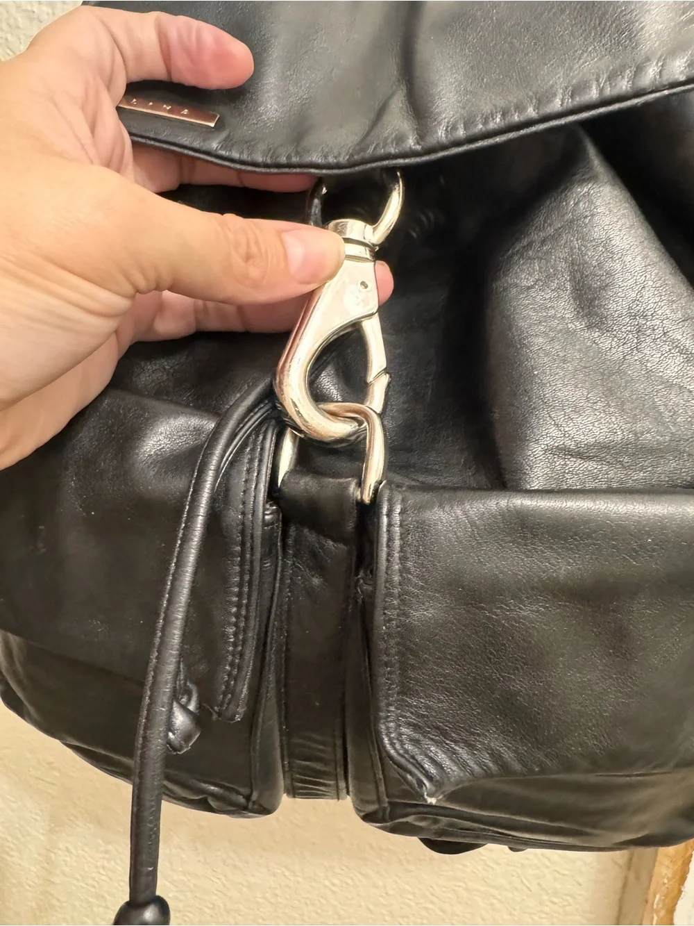 Vintage 1990’s/Y2K Perlina New York Black Leather Backpack Purse Drawstring